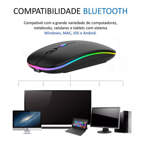 Mouse Bluetooth e Wireless Recarregável Sem Fio Gamer Led Rgb 2.4 ghz Bt 5.0 Compatível com Celular