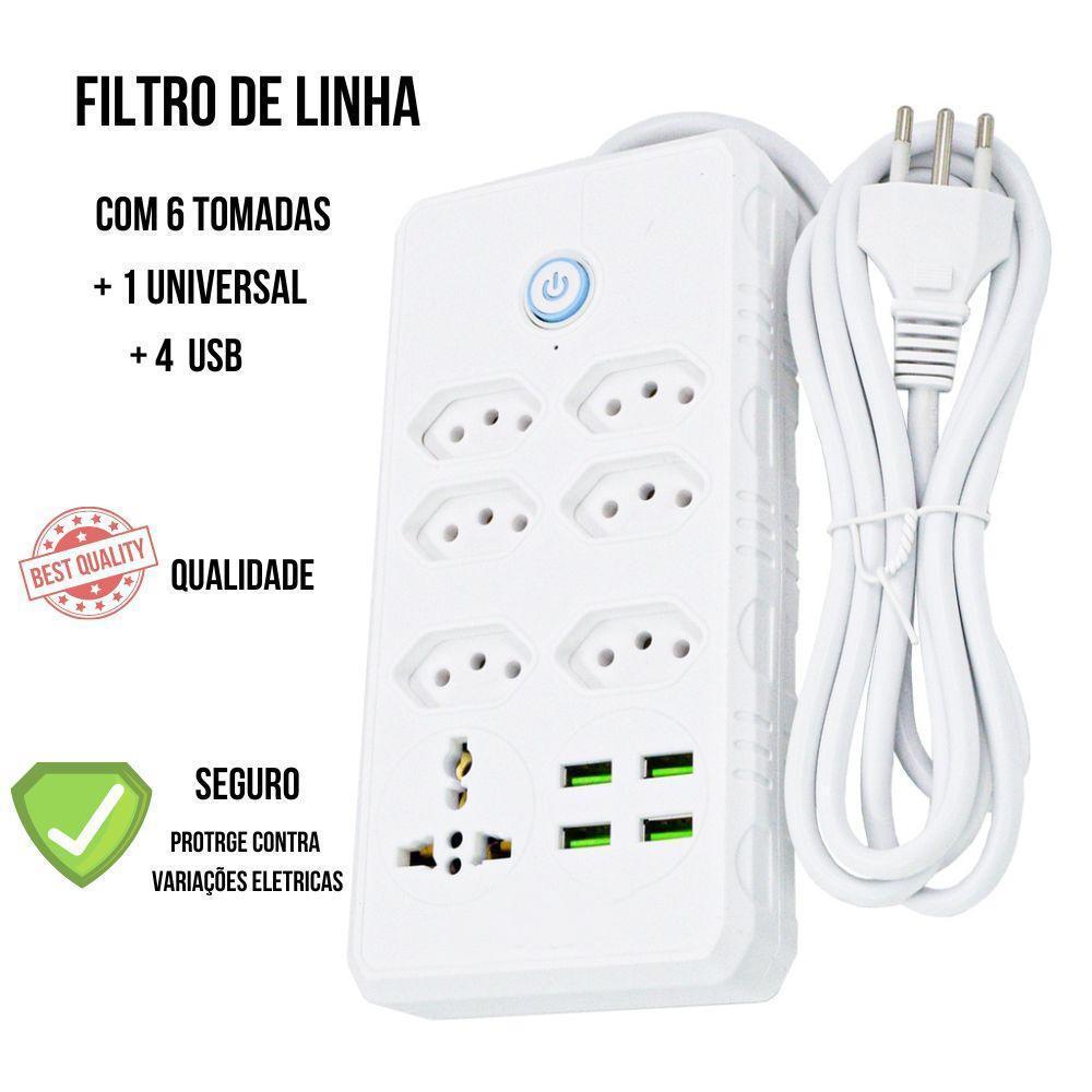 Régua Filtro de Linha com 7 Tomadas Extensão Elétrica 1 Universal 4 USB Bivolt 10A 110v/220v Cabo de