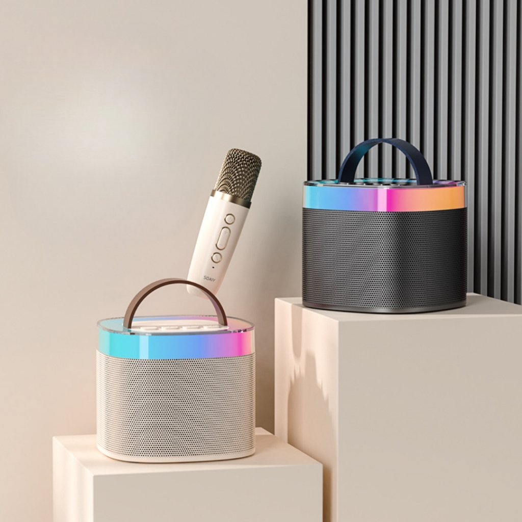 Mini Karaokê Portátil Sem Fio Bluetooth Alto falante com Microfone Estéreo ao ar livre e Luzes