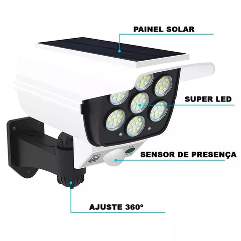 Luminária Refletor Painel Solar 60w Sensor Câmera Falsa Post