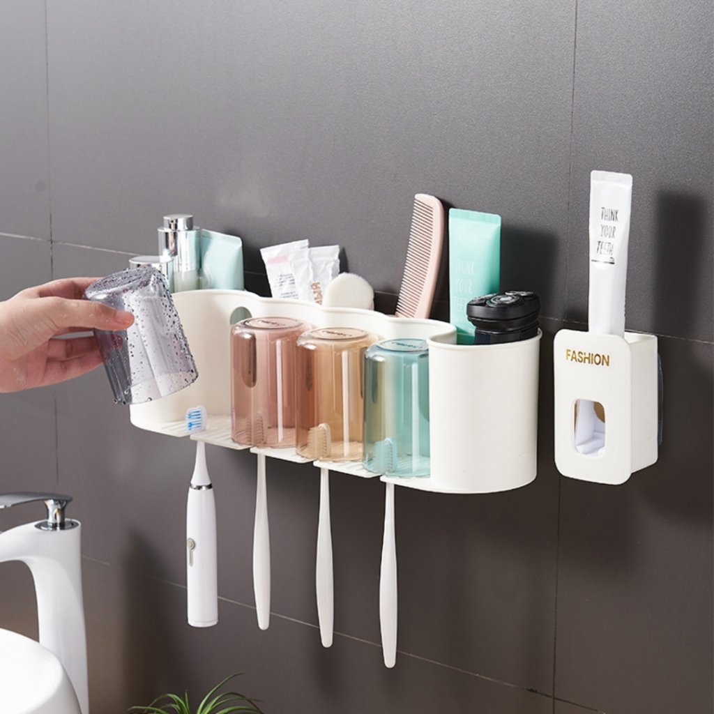 Suporte De Escova De Dente E Dispenser Para Pasta De Dentes Organizador Para Banheiro Com Adesivo