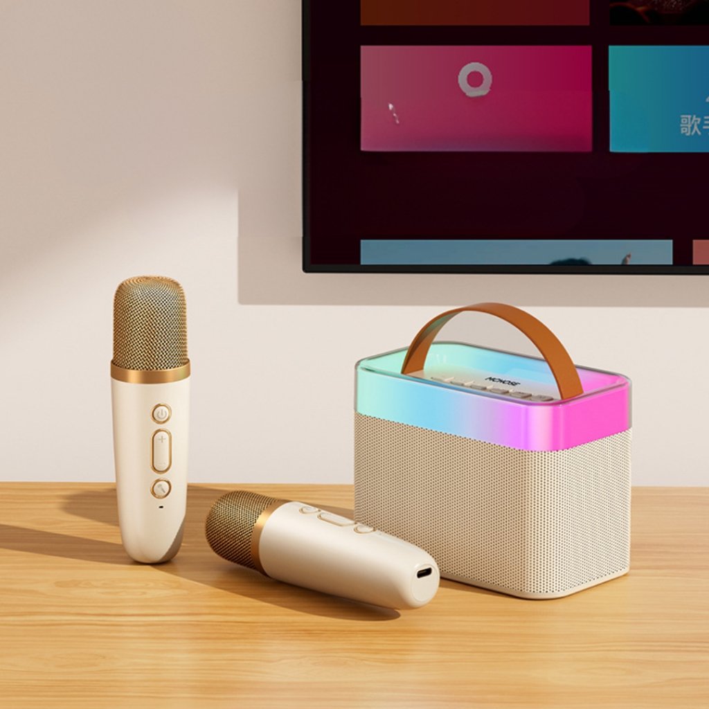 Mini Karaokê Portátil Sem Fio Bluetooth Alto falante com Microfone Estéreo ao ar livre e Luzes