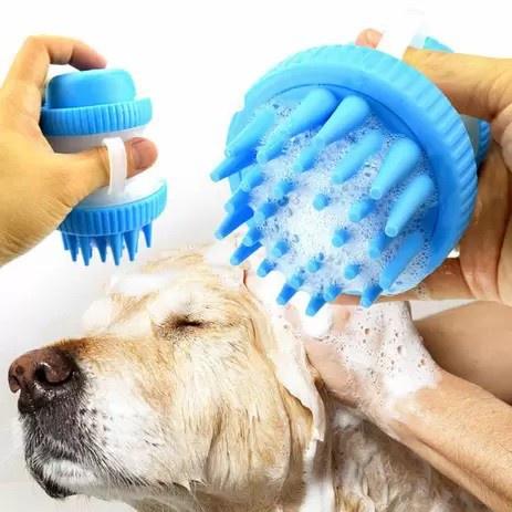 Escova Pente Silicone C/ Dispenser Lava Cachorro Gato Shampoo Água Pet Banho